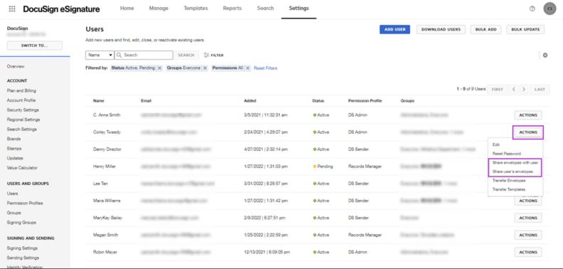 Screenshot of envelope sharing in DocuSign eSignature